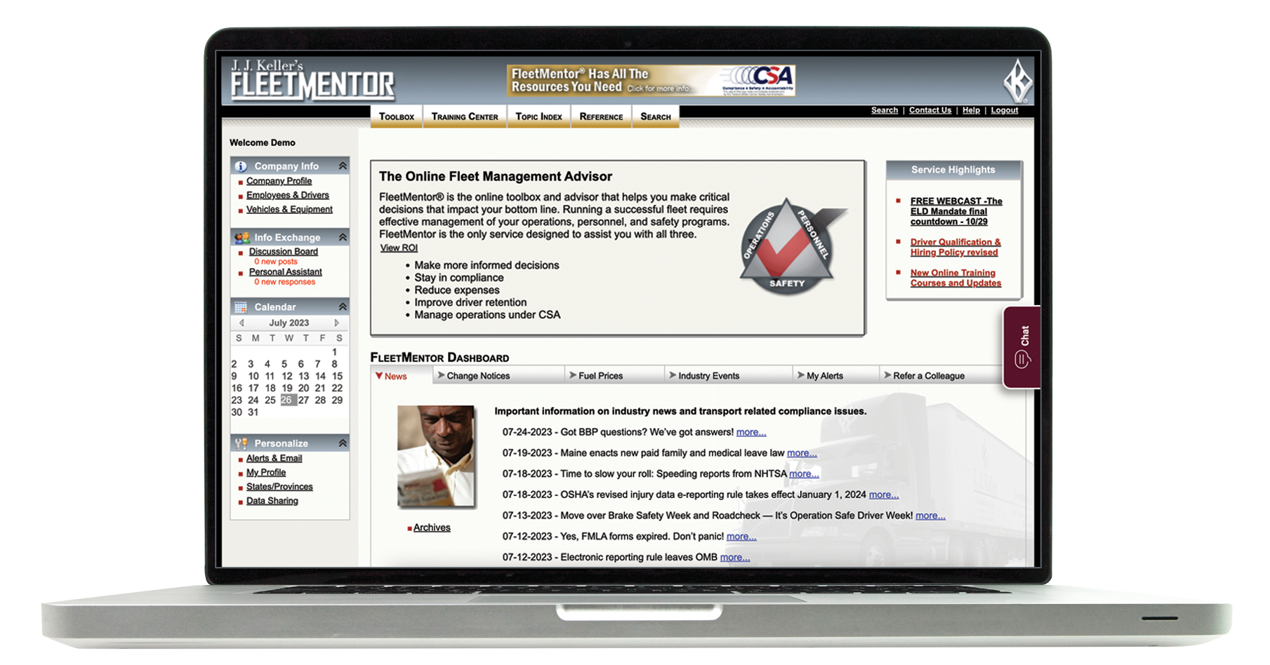 FleetMentor screen on laptop